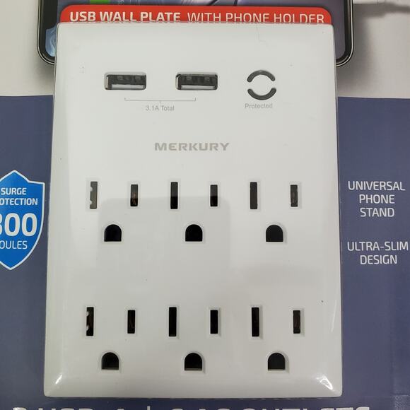 USB Wall Plate w/ Phone Holder - 2 USB + 6 Outlets - 3.1 Amp Fast Charging - NEW - Picture 2 of 8